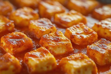 Close-up of Paneer Tikka Masala, Indian cheese cubes in a rich, creamy tomato-based sauce.