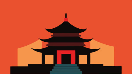 Minimalist illustration of a japanese pagoda temple at sunset with orange sky