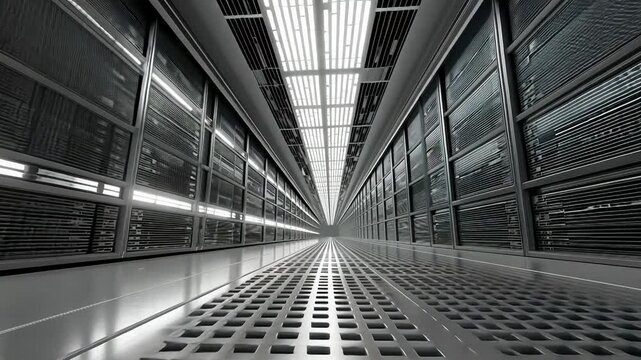 A modern data center with rows of servers, showcasing advanced technology and infrastructure in a sleek, futuristic environment.