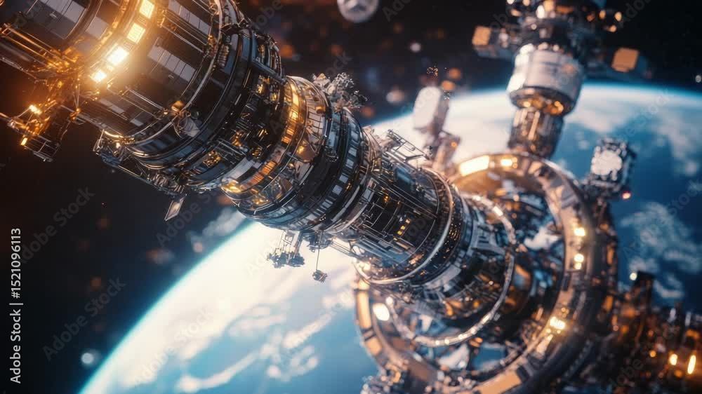 Poster a futuristic space station situated in the center of the earth, surrounded by magma and rocks