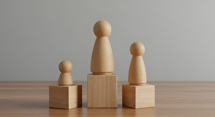 Three wooden peg figures trio of wooden figures arrangedstand on wooden blocks of varying heights, hierarchy, career growth,symbolizing competition, success, leadership, 