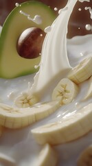 Freshly sliced bananas and avocado in milk splash.