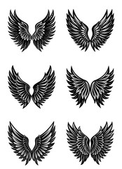 Black Wings Logo Design Icons. Collection of Feathered Angel and Bird Wing Silhouettes in Vector Format. Modern Elements on White Background for Branding, Art, and Tattoos

