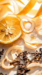 Close-up of lemon slices and peels with tea leaves.