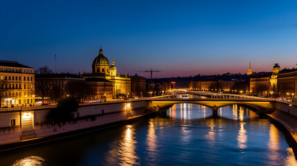 Fototapeta premium Urania and Danube Canal day to night timelapse in Vienna.