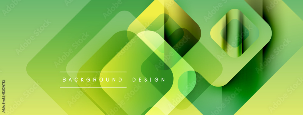 Poster Abstract geometric background. Overlapping squares create layered effect. Green, yellow hues dominate composition. Modern design element.