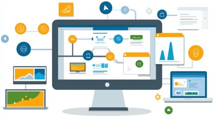 Digital workspace showcasing data analytics and management tools on screens with graphs and icons