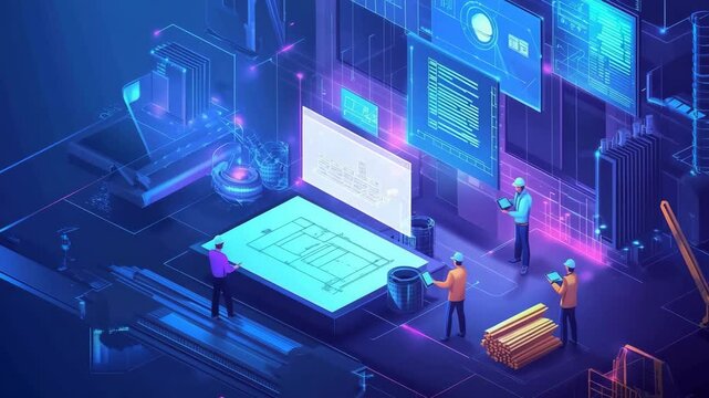 A group of people are working on a project in a futuristic setting. Scene is one of innovation and progress