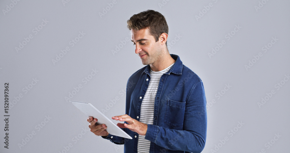 Leinwandbilder Smile, system and tablet with tech guru in studio for programming or software development career. App, mainframe and web maintenance with happy man on white background for professional IT support