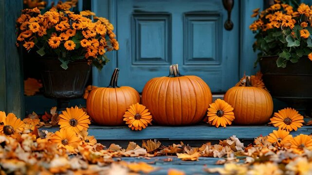 Bright orange pumpkins line the steps of a charming front door, surrounded by vibrant flowers and fallen leaves. This autumn setting captures the essence of the season with warmth and color.