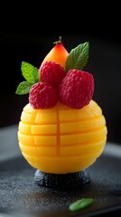 Decorative dessert sphere topped with fresh fruit.