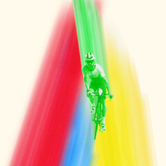 Minimalist pop art collage. Cyclist riding forward through vertical color streak, symbolizing...