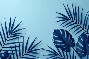 Collection of tropical leaves,foliage plant in blue color with space background