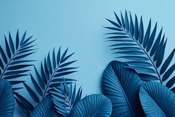 Collection of tropical leaves,foliage plant in blue color with space background
