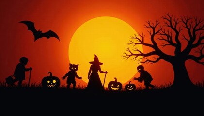 Spooky silhouettes of classic Halloween icons , witch, fall
