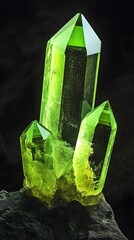 Close-up of vibrant green crystals atop a dark stone.
