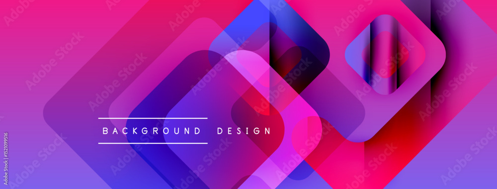 Poster abstract geometric shapes overlap, creating vibrant pinks, purples, blues. modern design elements su