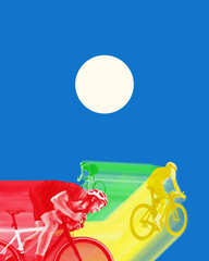 Creative colorful poster. Three cyclists sprint on color lanes beneath large abstract sun and sky,...
