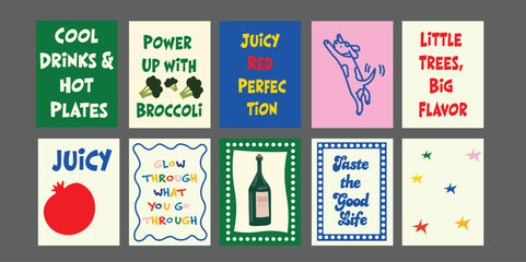 Bistro-style banner with bright vegetables and fruits, including tomato, granat, broccoli, and avocado. Includes catchy phrases like “Eat Bright, Feel Light” and “Nature’s Candy.” 