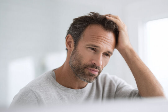 Pensive man with hand on head, gazing thoughtfully. Captures introspection, grooming, hair care. Suitable for health, lifestyle, or personal care content.