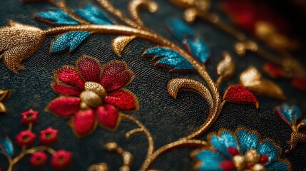Persian carpet ornament with red and blue floral elements, warm lighting, cinematic detail, perfect lighting, realistic and cinematic style