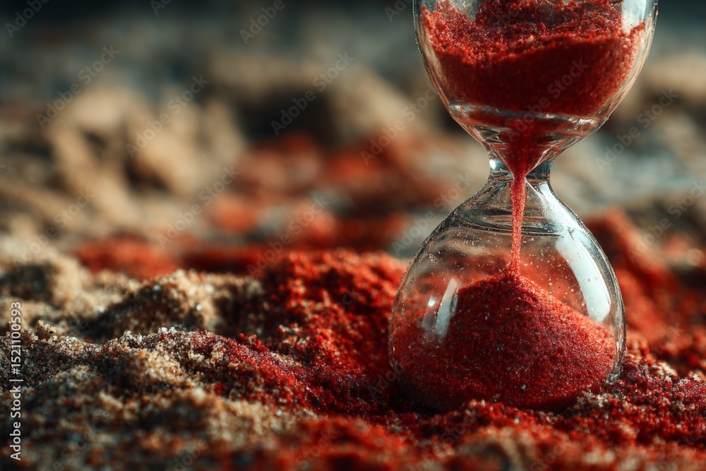Poster flow of time captured in an hourglass filled with vibrant red sand on a textured surface