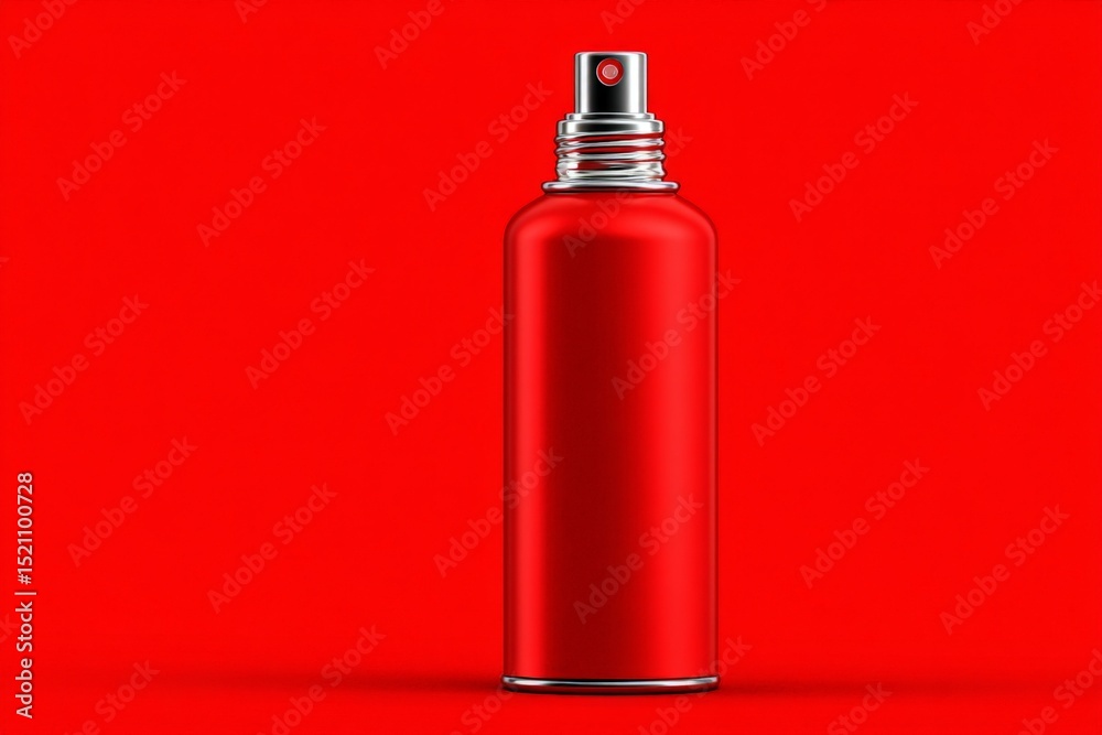 Poster Bright red spray bottle stands upright against a vibrant red background creating a striking visual contrast in a minimalist setting