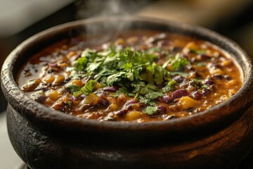 Steaming hot pot of hearty bean stew, garnished with fresh cilantro.