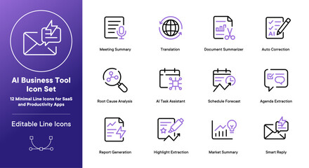 AI Business Tool Icon Set – 12 Minimal Line Icons for SaaS and Productivity Apps