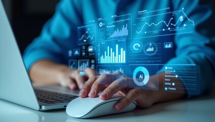 An analyst uses Data analytics automated with AI technology. Dashboard report, operations charts and KPI insights. Big Data technology, Business analysis and artificial intelligence automation.