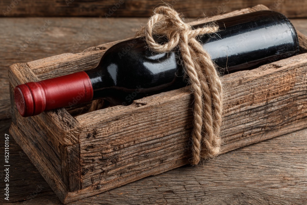 Poster wine bottle in rustic wooden crate wrapped with twine on textured wooden surface