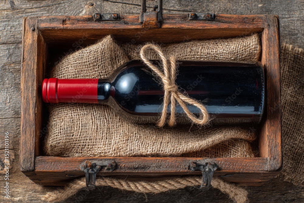 Aufkleber Handmade wooden box containing a bottle of red wine wrapped in burlap and twine on a rustic wooden surface