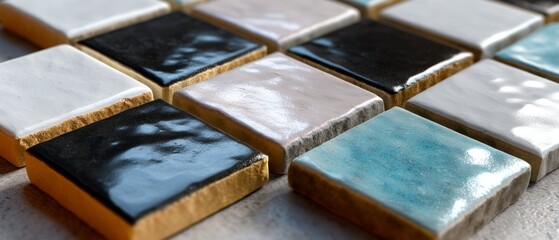 Ceramic glazed tiles in checkerboard layout with light reflection in flat lay top-down view