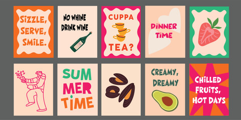 Fresh and fun summer banner for organic cafes or modern bistros. Combines fresh produce like avocado, tomato, and pineapple with tropical phrases. Eye-catching design perfect for promoting summer menu
