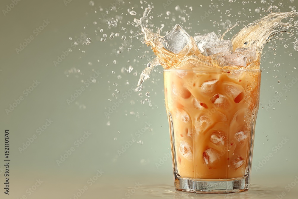 Aufkleber iced beverage splashes in a glass with ice cubes on a light background during a warm afternoon