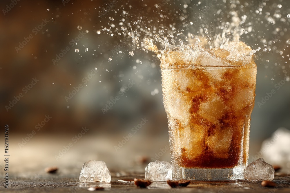 Poster Refreshing drink creates splash from ice and soda in a glass on a rustic wooden table