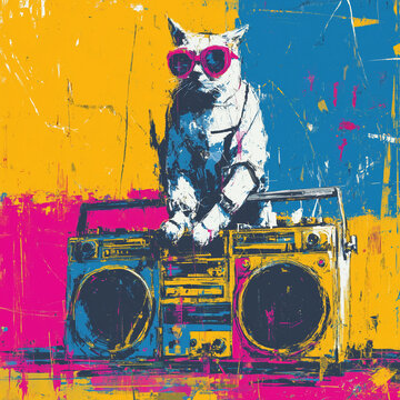 popart opart kunst illustration katze auf ghettoblaster