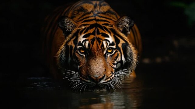 Majestic tiger prowling through shallow water in a dimly lit forest, showcasing its fierce gaze