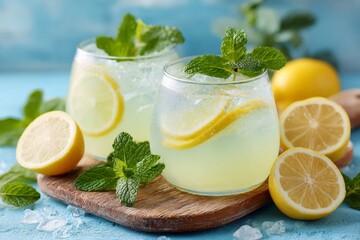 Refreshing mint lemonade served in glasses with lemon slices on a wooden board in a vibrant setting