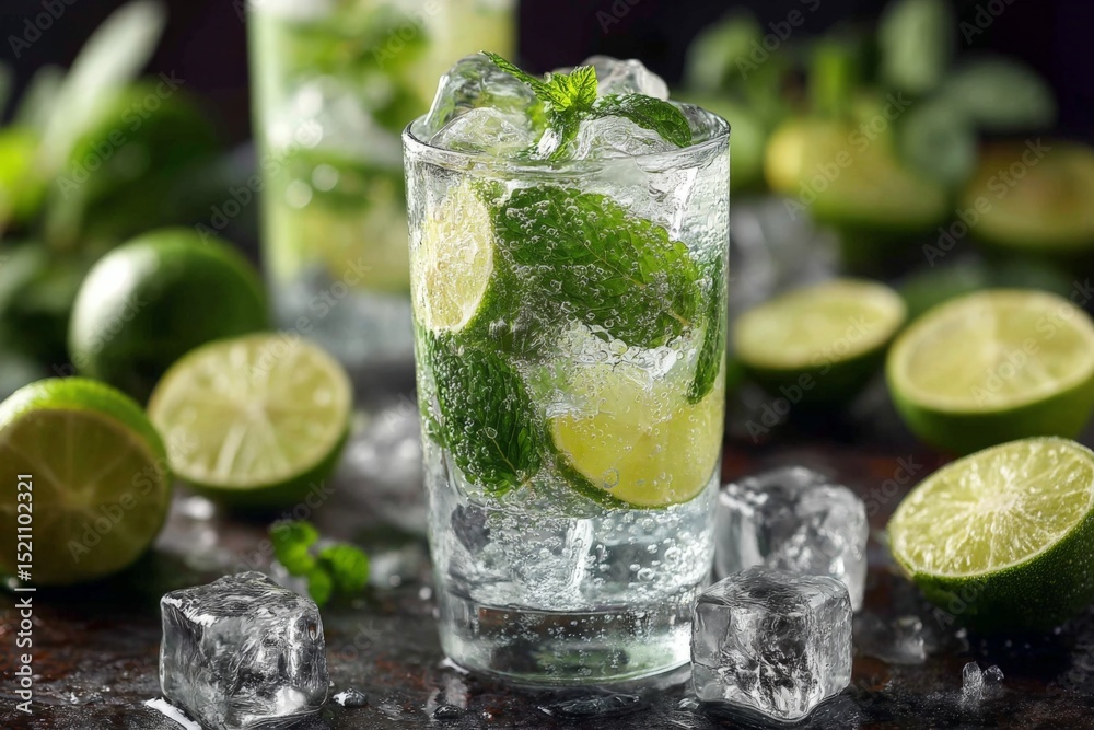 Poster Refreshing cocktail with mint and lime on a dark countertop with ice and fresh limes in the background