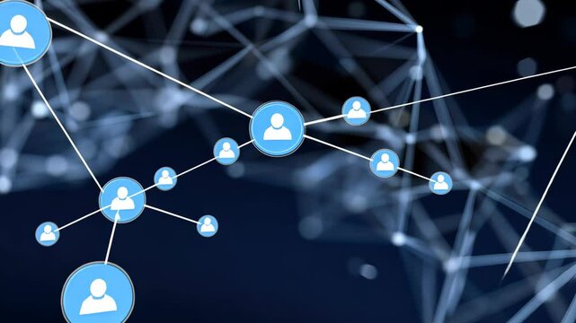 Abstract network connections with digital icons representing communication and connectivity in a technological landscape.