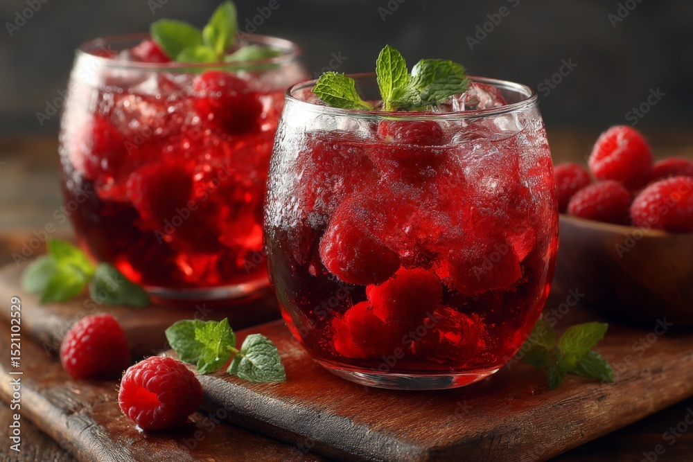 Poster refreshing raspberry beverages served on wooden table with mint leaves and fresh raspberries