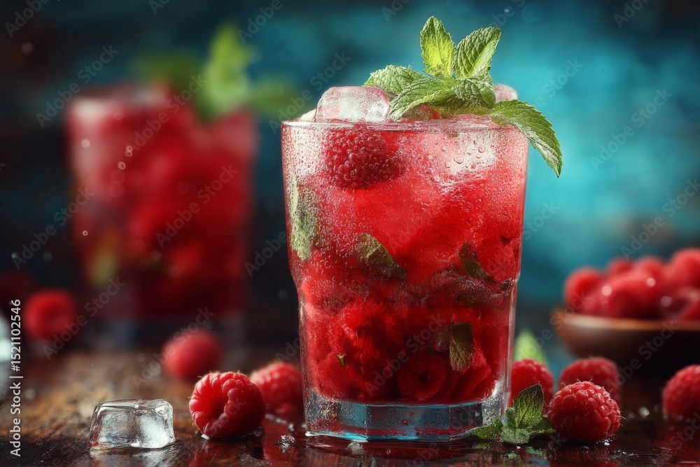 Poster refreshing raspberry mint drink served in clear glasses with ice and mint leaves on a wooden table