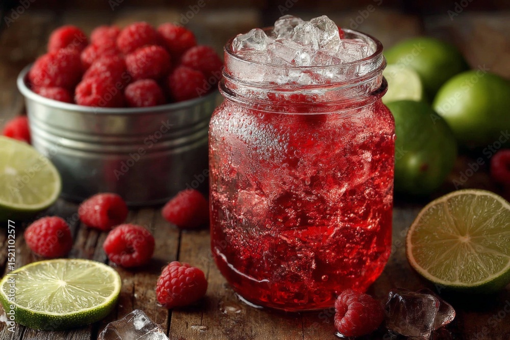 Poster Refreshing raspberry lime drink with ice and fresh ingredients served on rustic wooden table