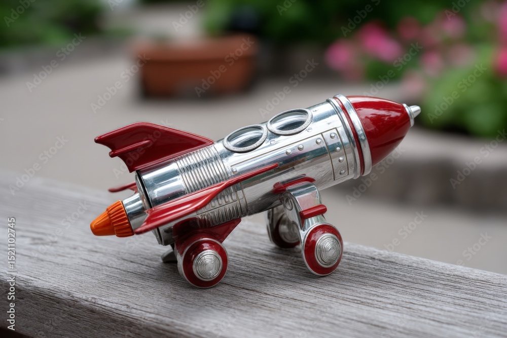 Aufkleber vintage toy rocket on display in a garden setting during daylight hours showcasing whimsical design 