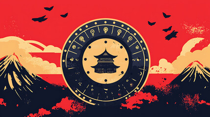A striking Japanese-inspired design featuring a central circular emblem with a pagoda, framed by mountains and birds against a red and gold sky.