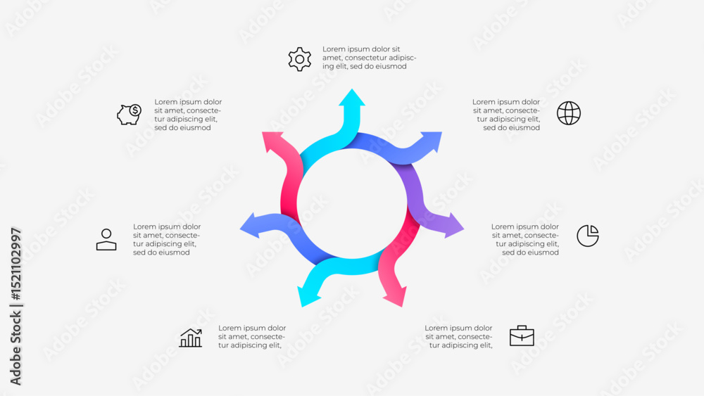 Fototapete cycle infographic with 7 arrows pointing in various directions surrounded by business icons, ideal f