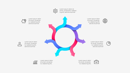 Cycle infographic with 7 arrows pointing in various directions surrounded by business icons, ideal for corporate presentations, data visualization, and highlighting workflow processes