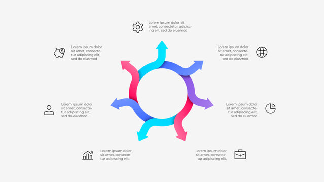 Cycle infographic with 7 arrows pointing in various directions surrounded by business icons, ideal for corporate presentations, data visualization, and highlighting workflow processes