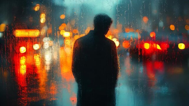 A silhouette of a man can be seen standing under the rain, gazing through a wet window. The colorful lights of the city streets create a vibrant yet moody atmosphere at night.